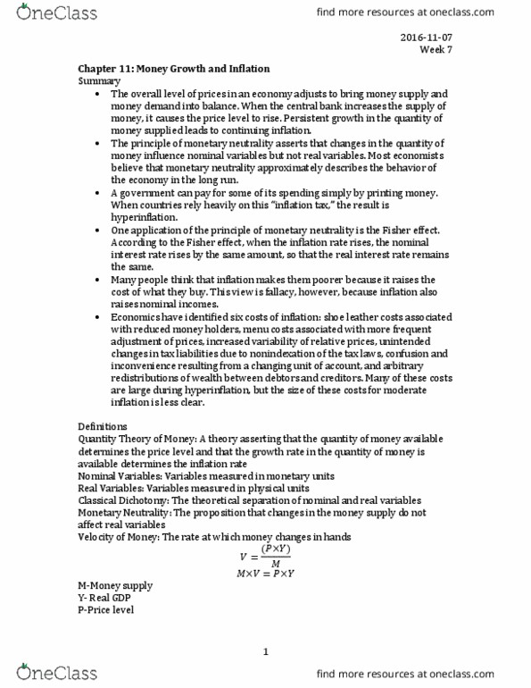 ECON 1B03 Lecture Notes - Lecture 11: Nominal Interest Rate, Real Interest Rate, Neutrality Of Money thumbnail