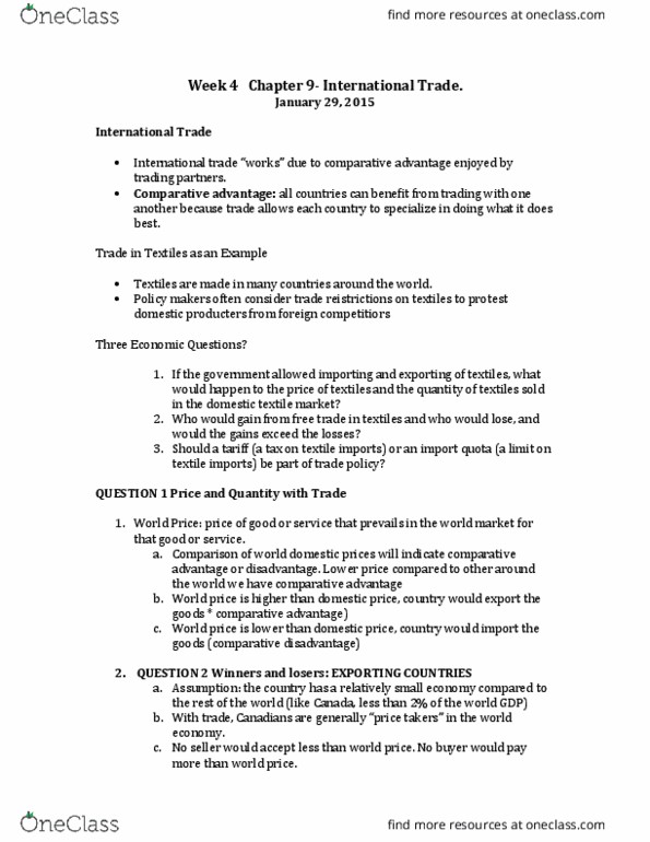 ECON 1B03 Lecture Notes - Lecture 9: International Trade, Comparative Advantage, Import Quota thumbnail