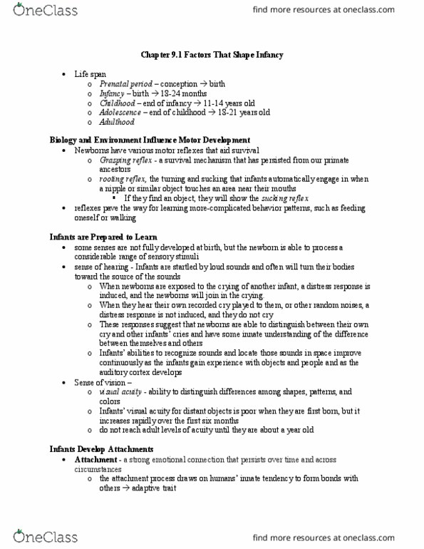 U09 Psych 100 Chapter Notes - Chapter 9.1: Primitive Reflexes, Auditory Cortex, Mary Ainsworth thumbnail