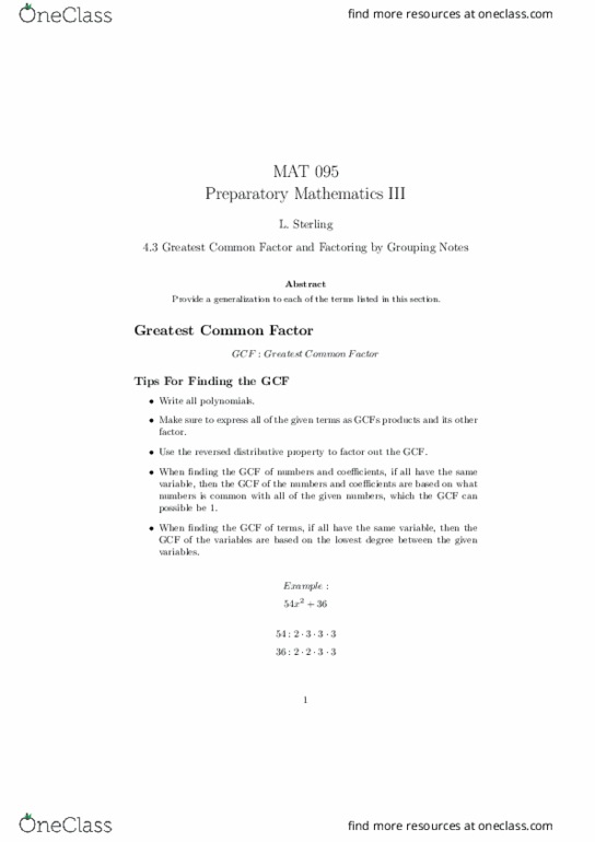 MAT 095 Lecture Notes - Lecture 9: Greatest Common Divisor, Distributive Property, Railways Act 1921 thumbnail