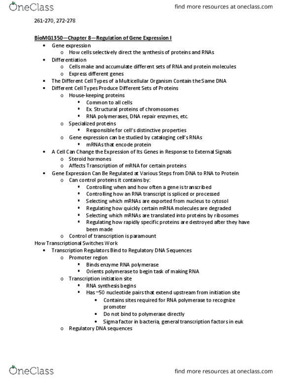 BIOMG 1350 Chapter Notes - Chapter 8: Gene Expression, Transcriptional Regulation, Multicellular Organism thumbnail