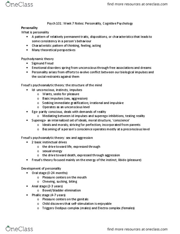 SCI397 Lecture Notes - Lecture 7: Sigmund Freud, Electra Complex, Phallic Stage thumbnail