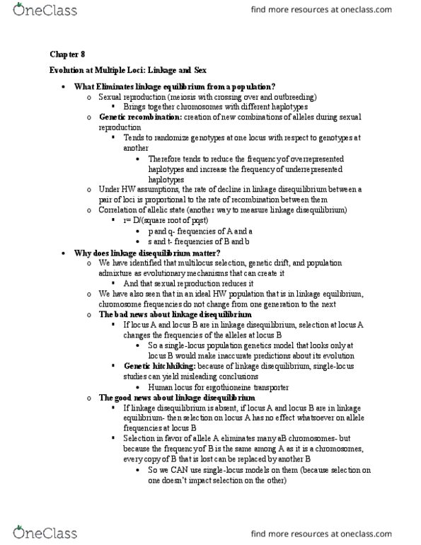 PCB 4674 Chapter Notes - Chapter 8: Linkage Disequilibrium, Genetic Recombination, Outcrossing thumbnail