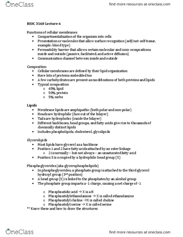 BIOC 3560 Lecture Notes - Lecture 6: Lipid Bilayer, Membrane Lipids, Ethanolamine thumbnail