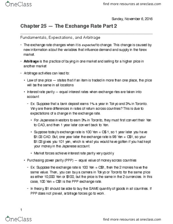 ECON102 Chapter Notes - Chapter 25: Interest Rate Parity, Purchasing Power Parity, Foreign Exchange Market thumbnail