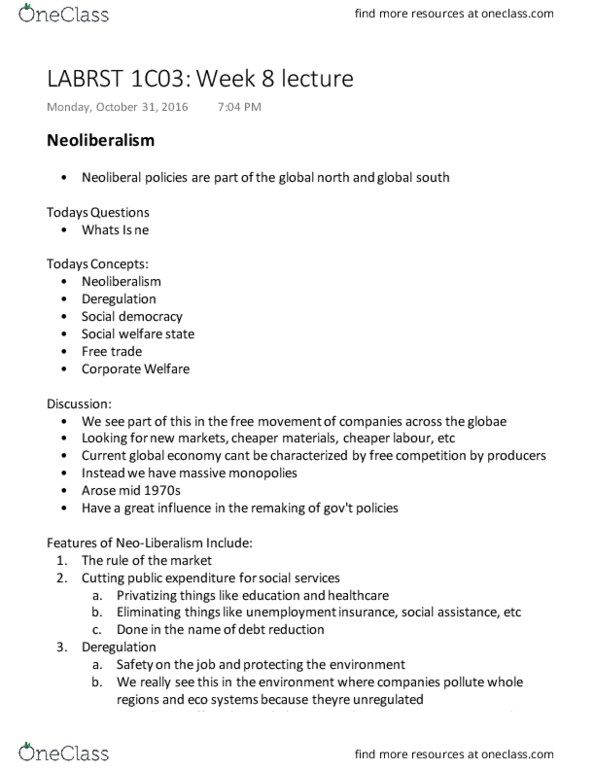 LABRST 1C03 Lecture Notes - Lecture 8: Social Democracy, Neoliberalism, Free Trade thumbnail