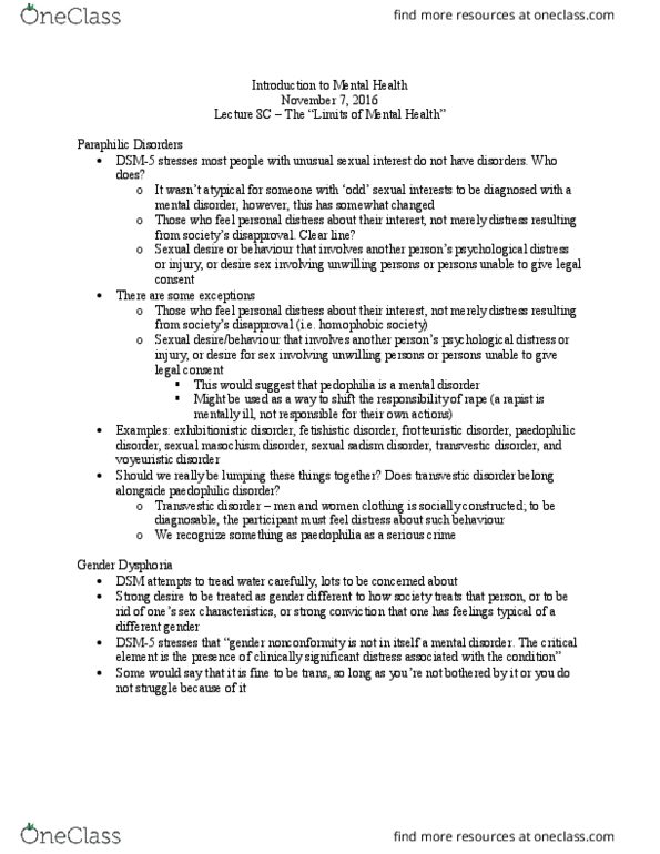 HLTHAGE 1CC3 Lecture Notes - Lecture 15: Mental Disorder, Dsm-5, Transvestic Fetishism thumbnail