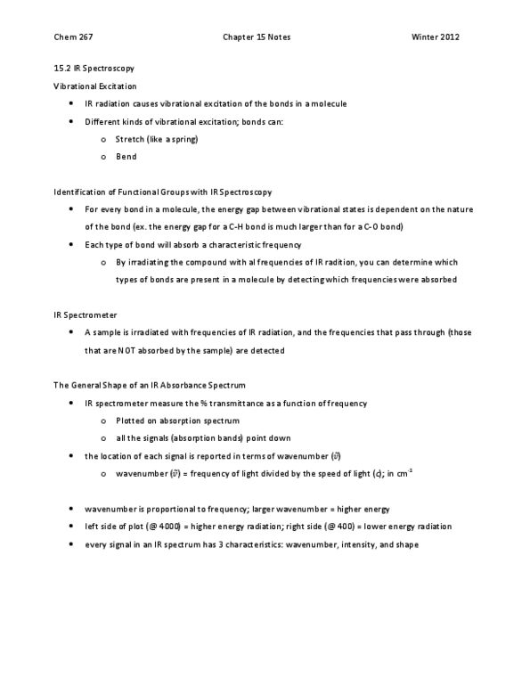 CHEM267 Chapter Notes - Chapter 15: Infrared Spectroscopy, Wavenumber, Saturated And Unsaturated Compounds thumbnail