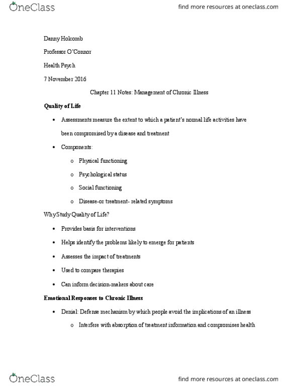 PSY 383 Chapter Notes - Chapter 11: Chronic Condition, Defence Mechanisms, Psych thumbnail