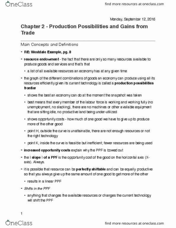 ECON 1B03 Chapter 2: Chapter 2 - Production Possibilities and Gains from Trade thumbnail