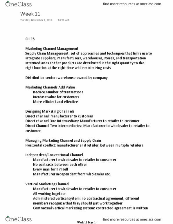 MKTG 350 Lecture Notes - Lecture 11: Distribution Center, Electronic Data Interchange thumbnail