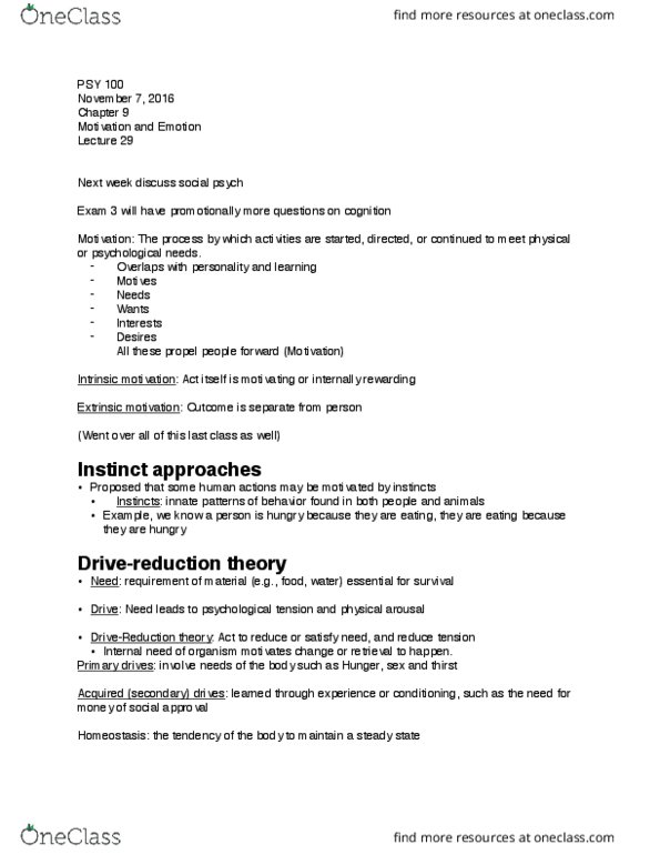 PSY 100 Lecture Notes - Lecture 29: Motivation, Psy, Homeostasis thumbnail