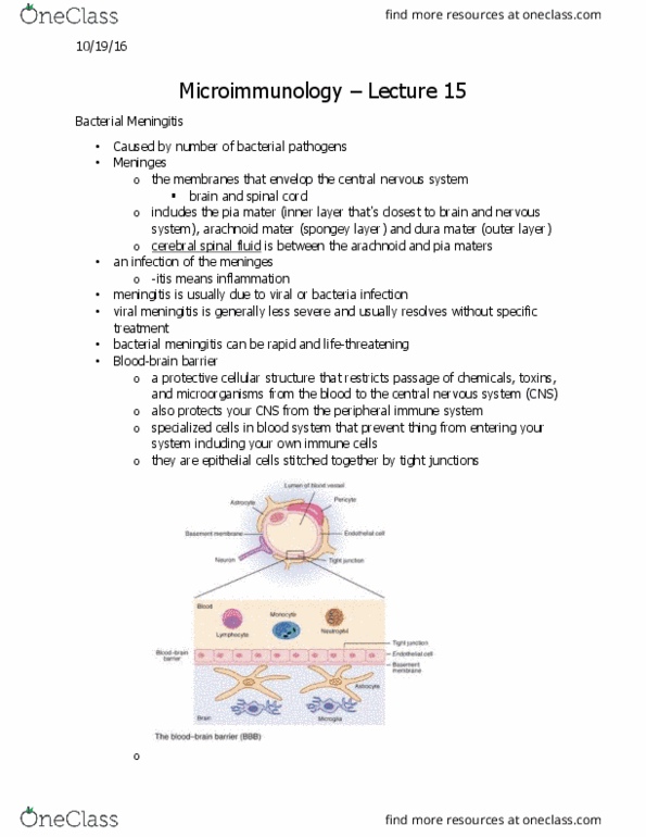Microbiology and Immunology 2500A/B Lecture Notes - Lecture 15: Cerebrospinal Fluid, Pia Mater, Dura Mater thumbnail
