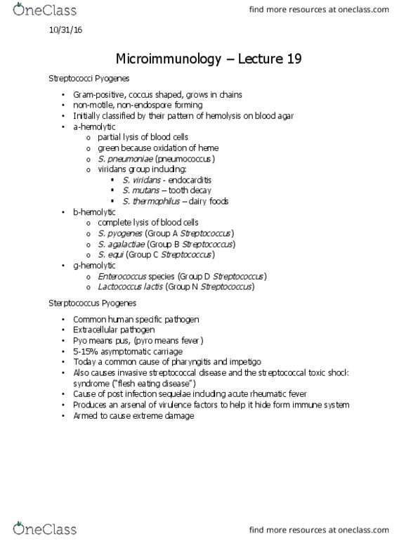 Microbiology and Immunology 2500A/B Lecture Notes - Lecture 19: Lactococcus Lactis, Streptococcus Agalactiae, Dental Caries thumbnail
