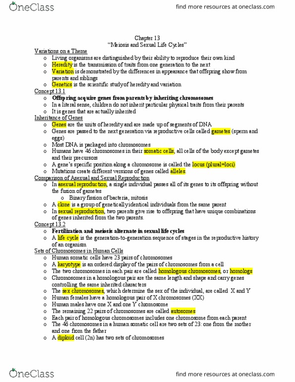 BIOL 101 Lecture Notes - Lecture 19: Sexual Reproduction, Genetic Variation, Karyotype thumbnail