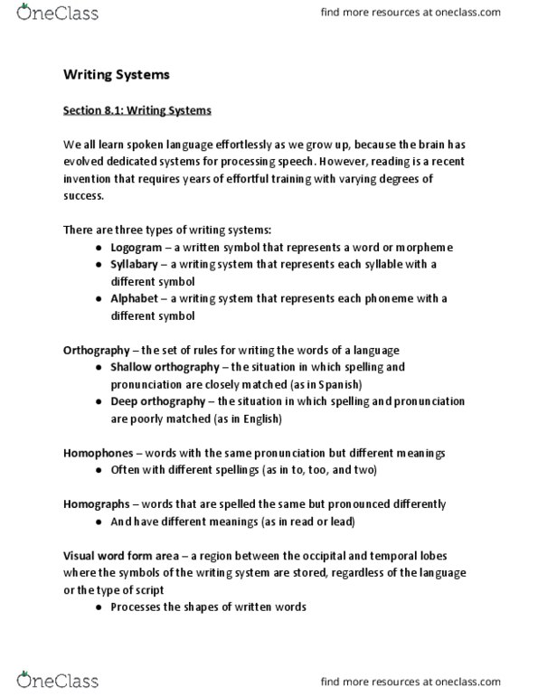 Psychology 2134A/B Chapter Notes - Chapter 8: Orthographic Depth, Logogram, Alphabeta thumbnail