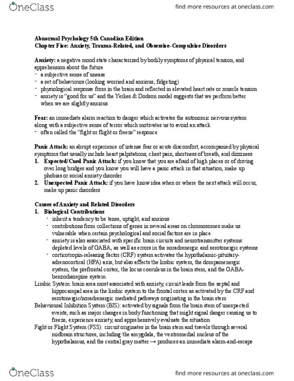 PSY 3171 Chapter Notes - Chapter 5: Social Anxiety Disorder, Generalized Anxiety Disorder, Separation Anxiety Disorder thumbnail