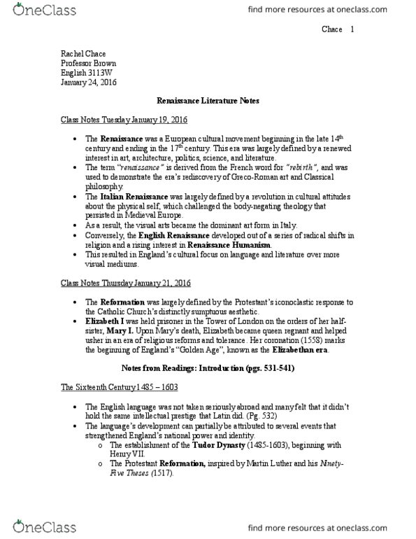 ENGL 3113W Lecture Notes - Lecture 1: Queen Regnant, Elizabethan Era, House Of Tudor thumbnail
