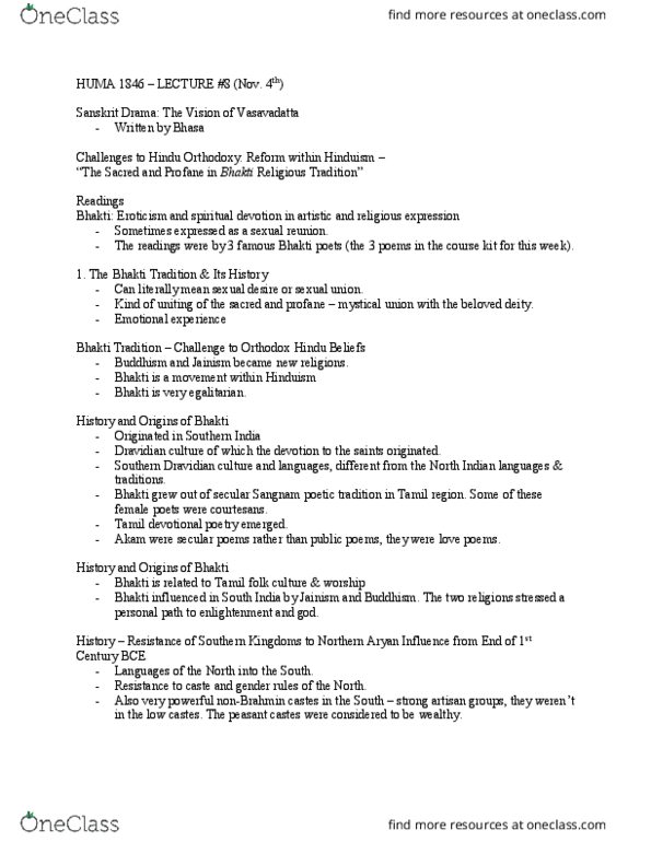 HUMA 1846 Lecture Notes - Lecture 8: Indian Classical Drama, Vasavadatta thumbnail