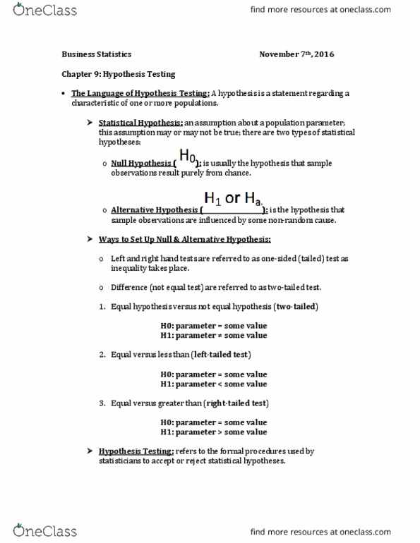 MAT 117 Chapter Notes - Chapter 9: Type I And Type Ii Errors, Null Hypothesis, Statistical Parameter thumbnail