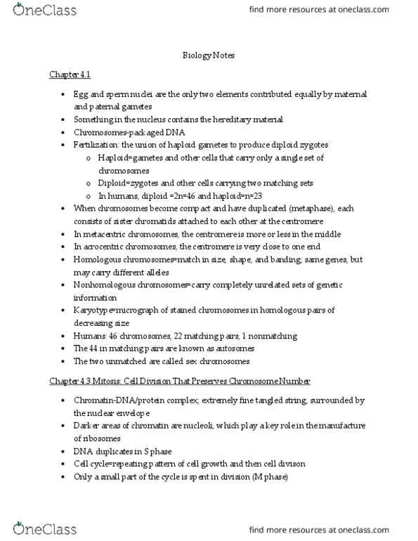 BIO 315H Chapter Notes - Chapter 3,4,5,12: Sister Chromatids, Nuclear Membrane, Kinetochore thumbnail