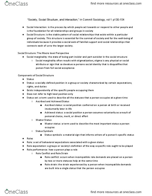 SOC101Y1 Chapter Notes - Chapter CH5 : Ascribed Status, Role Theory, Achieved Status thumbnail