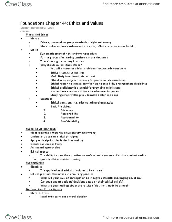 NURS 3400 Chapter Notes - Chapter 44: Primum Non Nocere, American Nurses Association, Consequentialism thumbnail