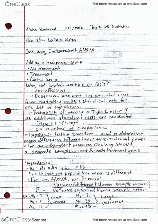 PSYC 105 Lecture 12: One Way Independent Samples ANOVA Lecture Notes thumbnail