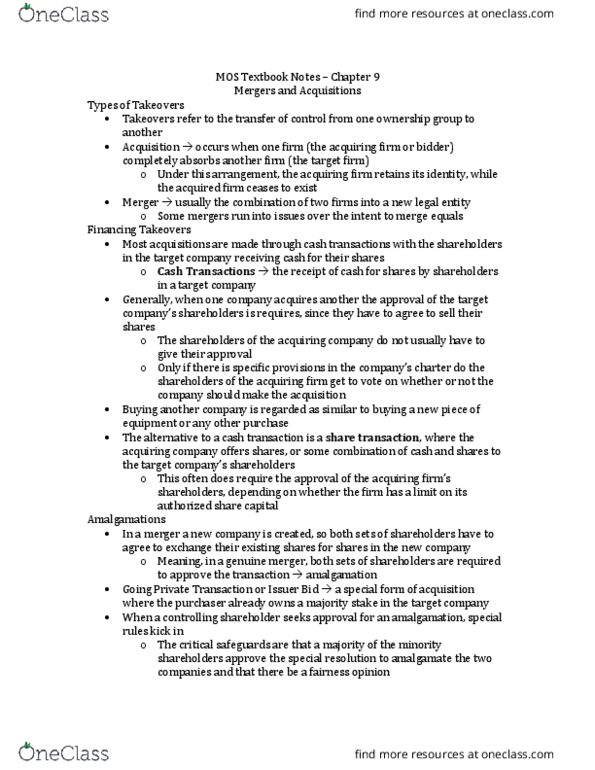 Management and Organizational Studies 1023A/B Chapter Notes - Chapter 8: Fairness Opinion, Multinational Corporation, Cash Flow thumbnail