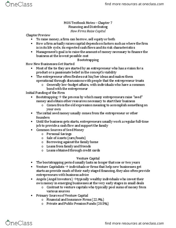 Management and Organizational Studies 1023A/B Chapter Notes - Chapter 7: Venture Capital, Investment Banking, Cash Flow thumbnail