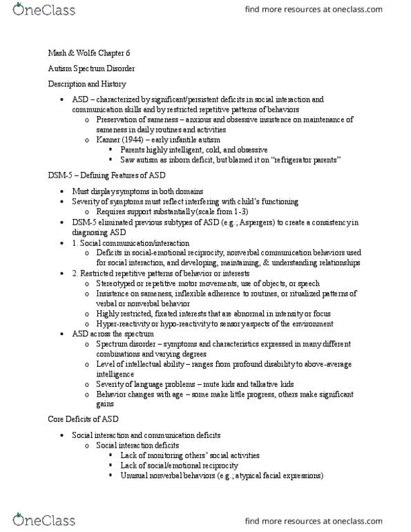 PSYC 330 Chapter Notes - Chapter 6: Autism Spectrum, Nonverbal Communication, Spectrum Disorder thumbnail