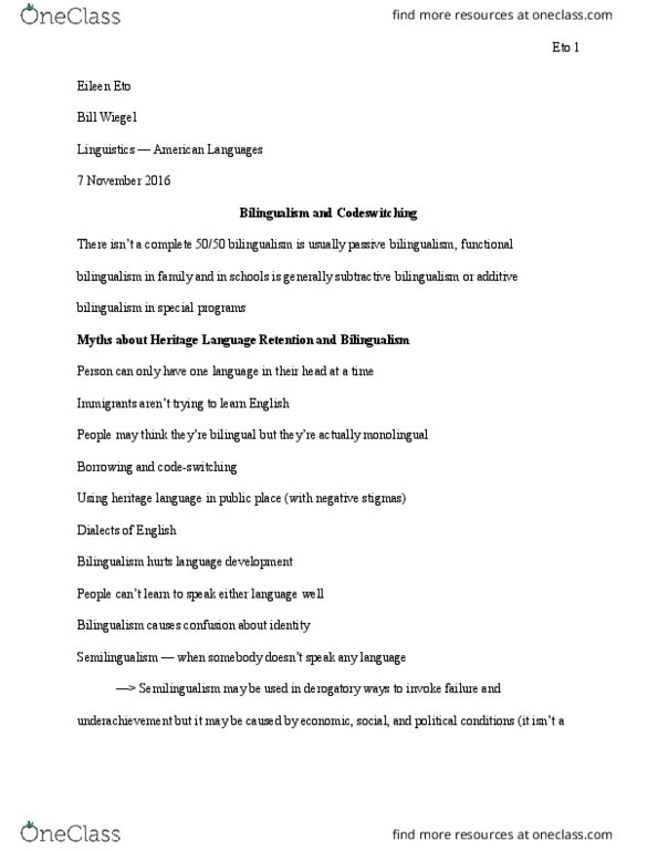 LINGUIS 155AC Lecture Notes - Lecture 10: Code-Switching, Heritage Language, Bilingual Education thumbnail