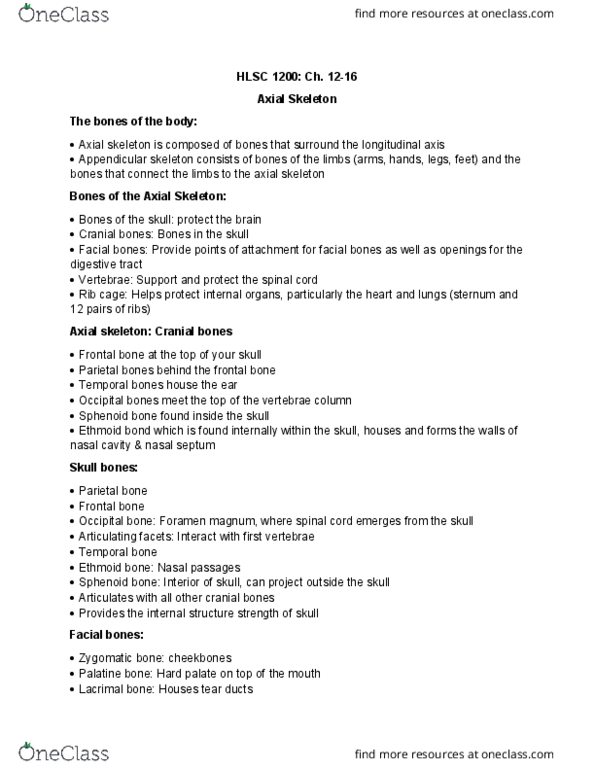 HLSC 1200U Lecture Notes - Lecture 12: Axial Skeleton, Appendicular Skeleton, Rib Cage thumbnail