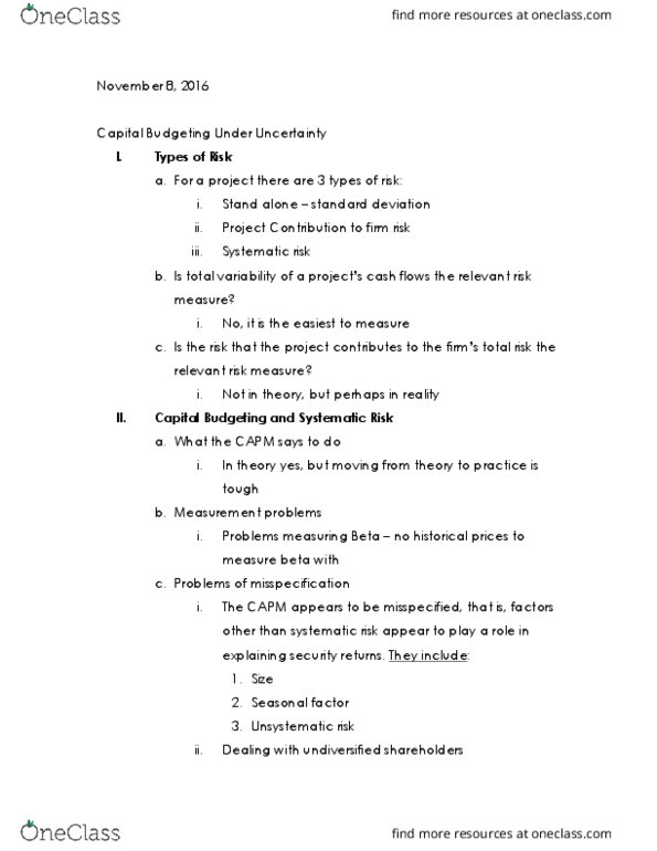 FIN 3104 Lecture Notes - Lecture 17: Systematic Risk, Risk Measure, Capital Asset Pricing Model thumbnail