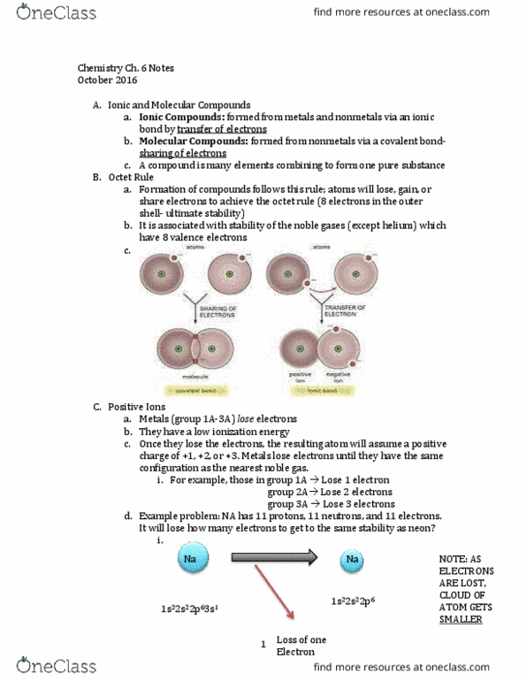 CHE 101 Lecture Notes - Lecture 6: Ionic Bonding, Electron Configuration, Covalent Bond thumbnail