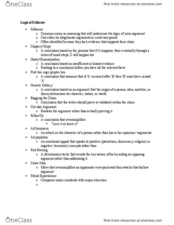 EN 101 Lecture Notes - Lecture 7: Post Hoc Ergo Propter Hoc, Fallacy, Begging thumbnail