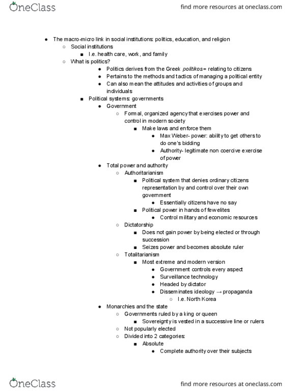 SYG 2000 Chapter Notes - Chapter 10: The Power Elite, Totalitarianism, Authoritarianism thumbnail