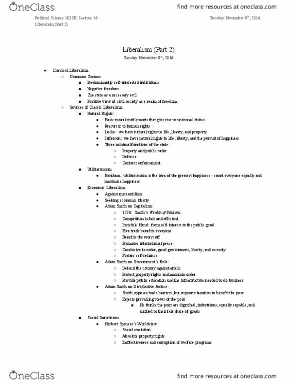 Political Science 1020E Lecture Notes - Lecture 16: Classical Liberalism, Social Evolution, Social Darwinism thumbnail