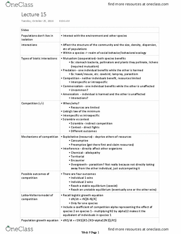 BISC302 Lecture Notes - Lecture 15: Lamprey, Logistic Function, Allelopathy thumbnail