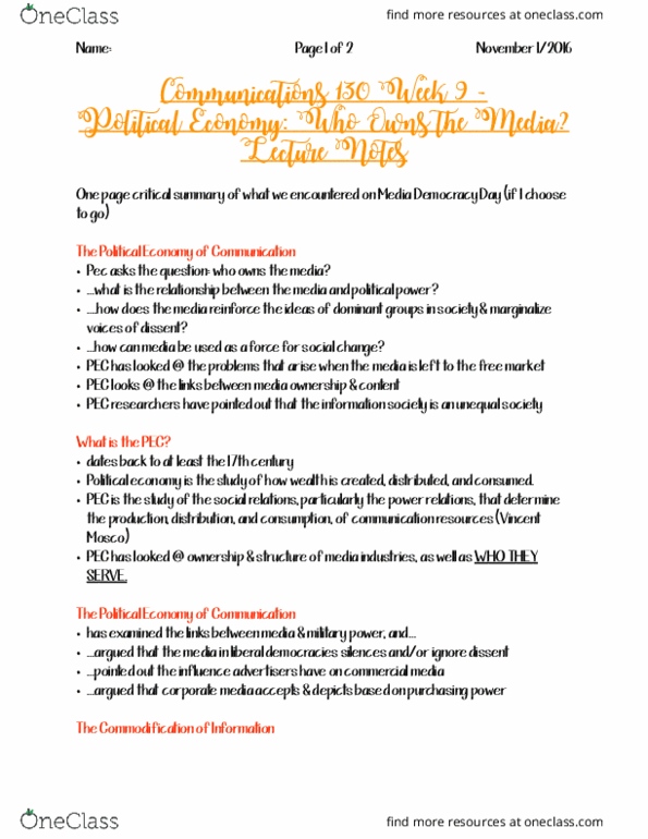 CMNS 130 Lecture Notes - Lecture 9: Vivendi, Oligopoly, Commodification thumbnail