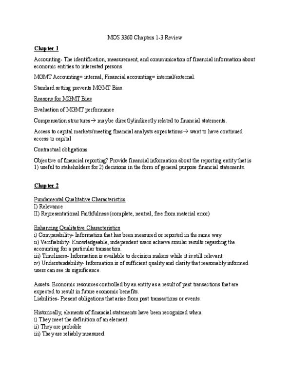 Management and Organizational Studies 3360A/B Chapter Notes - Chapter 1-3: Consolidated Financial Statement, Matching Principle, Going Concern thumbnail