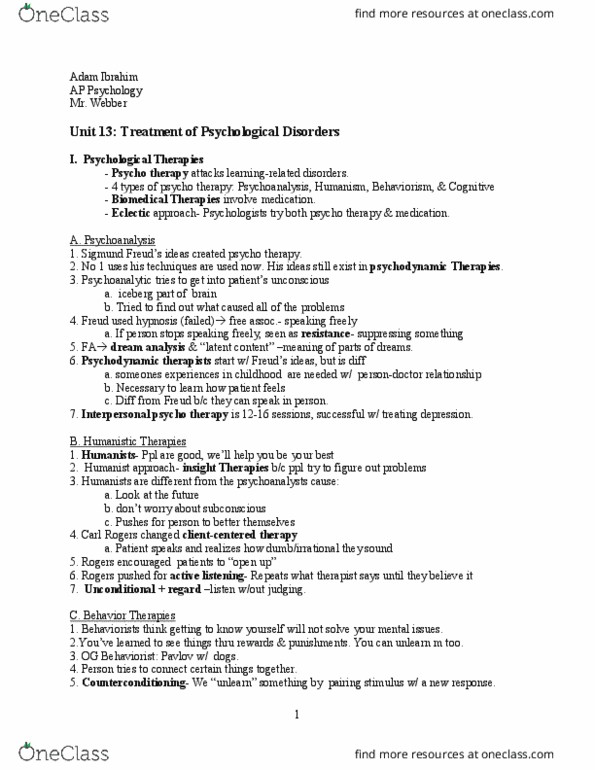 01:830:101 Lecture Notes - Lecture 6: Behaviour Therapy, Cognitive Therapy, Ap Psychology thumbnail