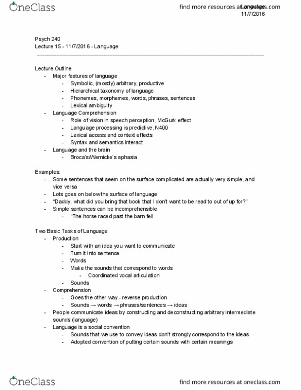PSYCH 240 Lecture Notes - Lecture 15: Mcgurk Effect, Language Production, Speech Perception thumbnail