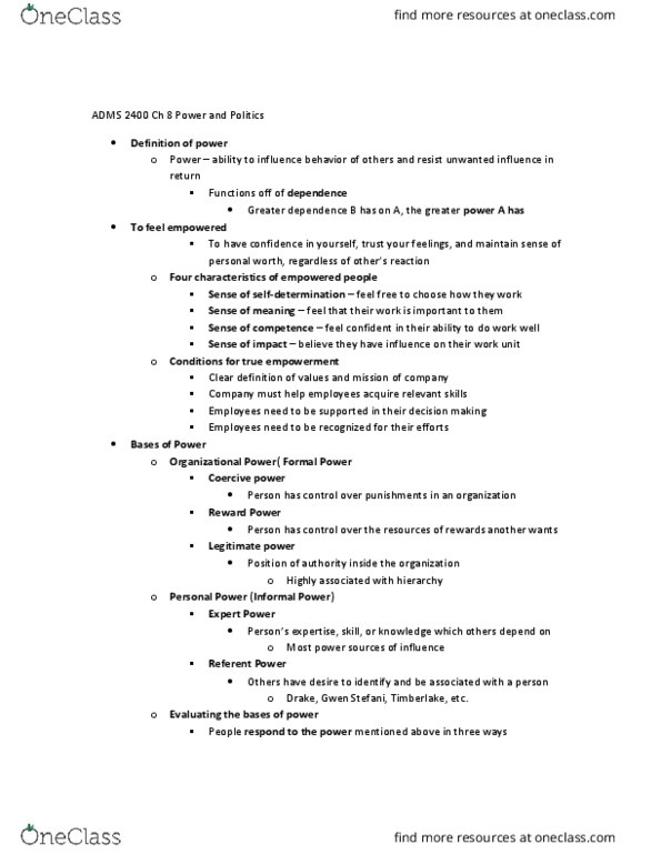 ADMS 2400 Chapter Notes - Chapter 8: Work Unit, Workplace Bullying, Ingratiation thumbnail