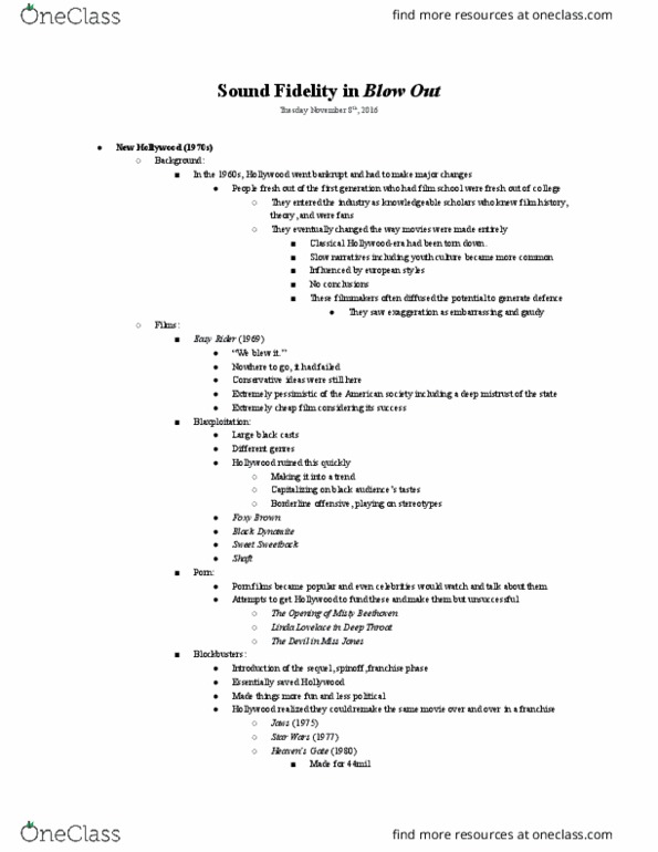 Film Studies 1022 Lecture Notes - Lecture 13: New Hollywood, Chappaquiddick Incident, Warren Commission thumbnail