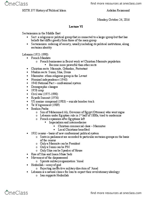 HSTR 377 Lecture Notes - Lecture 7: Musa Al-Sadr, Taif Agreement, Ethnoreligious Group thumbnail