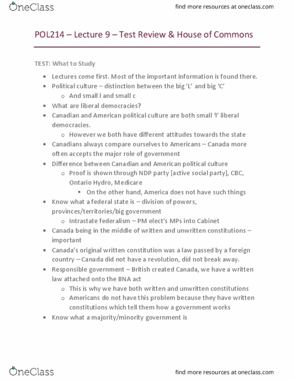 POL214Y5 Lecture Notes - Lecture 9: Responsible Government, Minority Government, Westminster System thumbnail