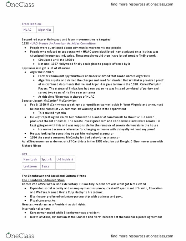 HIST 1311 Lecture Notes - Lecture 17: House Un-American Activities Committee, Alger Hiss, Whittaker Chambers thumbnail