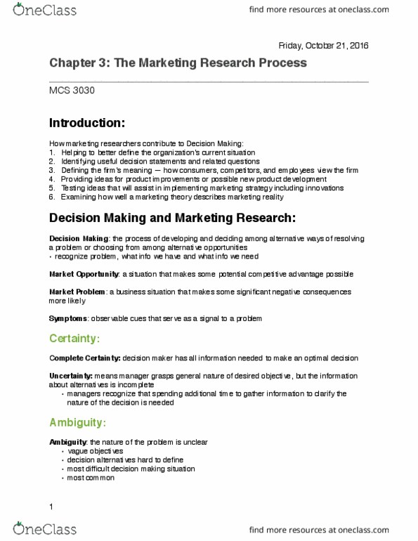 MCS 3030 Chapter Notes - Chapter 3: Situation Two, Market Analysis, Causal Inference thumbnail