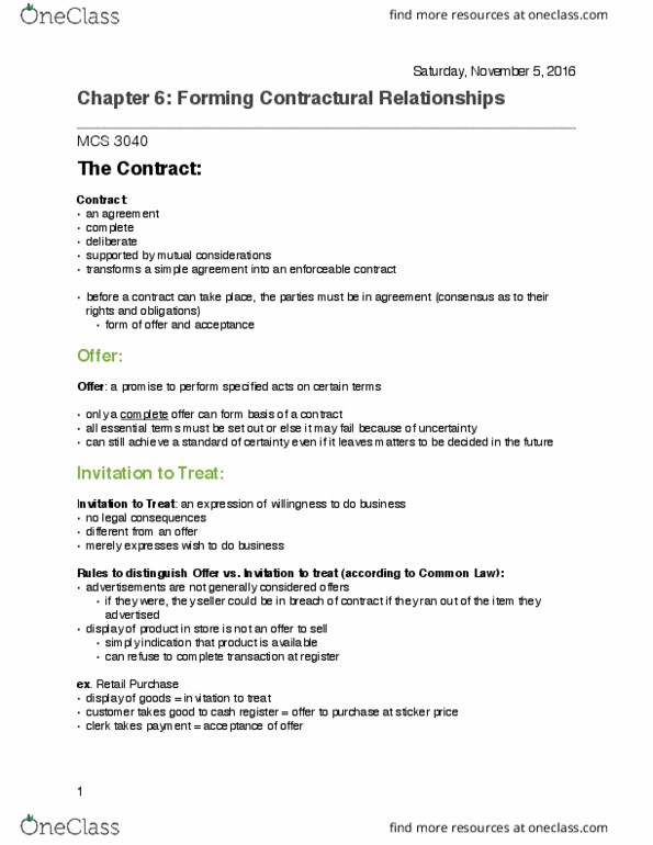 MCS 3040 Chapter Notes - Chapter 6: Cash Register, Standard Form Contract, Fax thumbnail